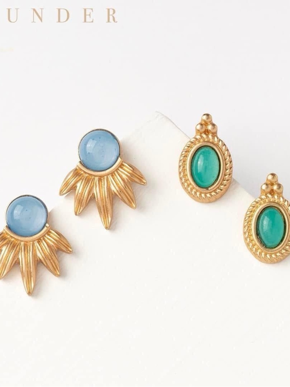 Plunder Treana Gold Sunburst Blue Cabochon & Gold Rope-Edge Green Oval Studs